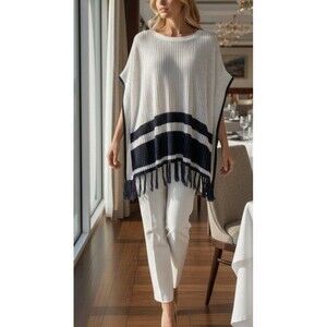 NWOT Tommy Bahama Linen Cotton White Navy Blue Fringe Tunic Poncho Coverup L XL